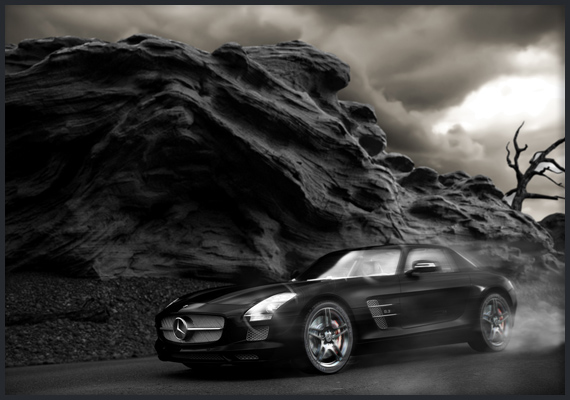 Acabado en 3D de vehículo Mercedes Benz para aplicación de publicidad. Perfil elegido integrado en entorno realista. Realidazo por David García