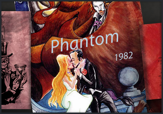 Ilustración para edición personalizada  - PHANTOM 1982. Obra literaria adaptada de la original El Fantasma de la Ópera,
<small>(por Gastón Leroux)</small>. Ilustrado por Antonio Reollo