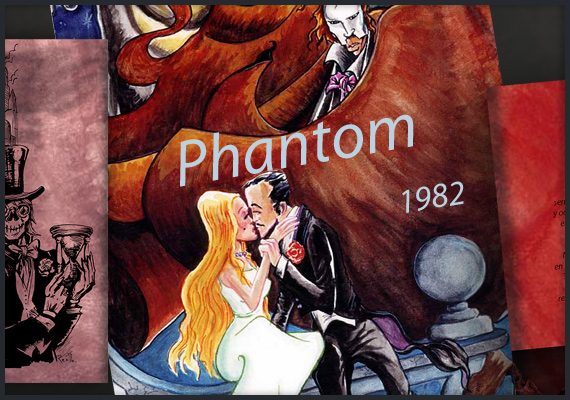 Ilustración para edición personalizada  - PHANTOM 1982. Obra literaria adaptada de la original El Fantasma de la Ópera,
<small>(por Gastón Leroux)</small>. Ilustrado por Antonio Reollo