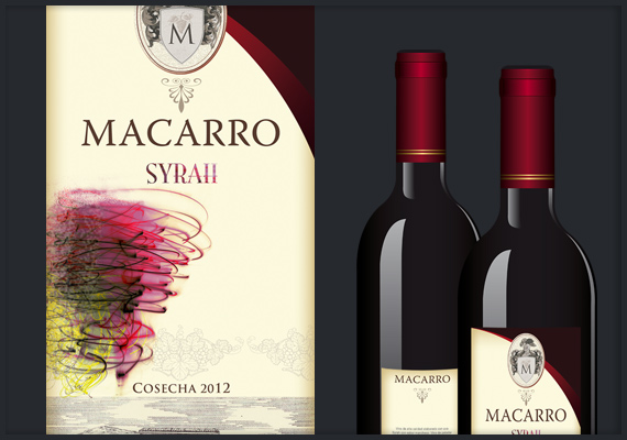 Packaging Corporativo. MACARRO Vino variedad Syrah, de Castilla-la Mancha.<br>
                                Primeros diseños para embotellado. (Ver segundo diseño de Macarro en esta web)